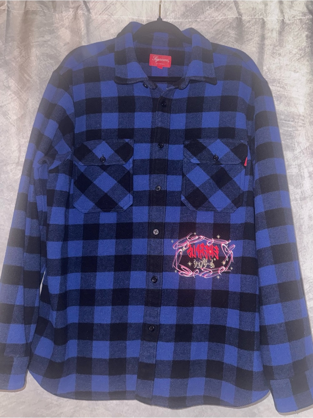 Supreme Blue & Black Plaid Shirt Jacket with Embroidered Graphic